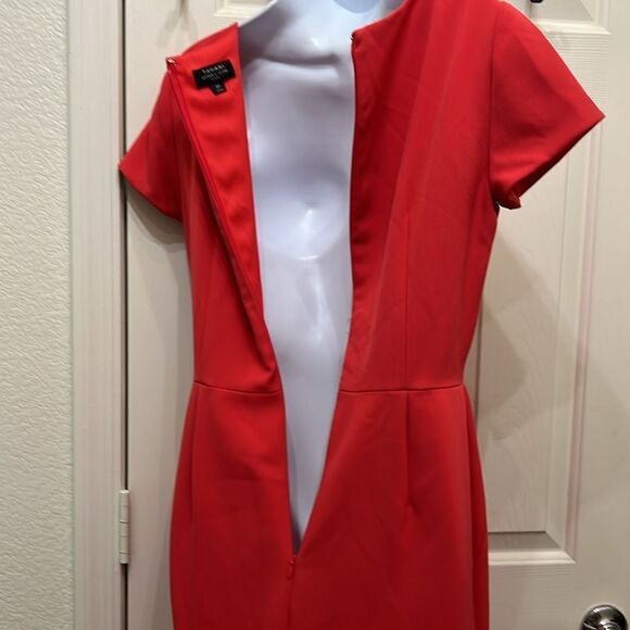 Tahari Red Dress Sz 6p Christmas Red Short Sleeve Midi Zipper Back Lined New - Picture 8 of 12